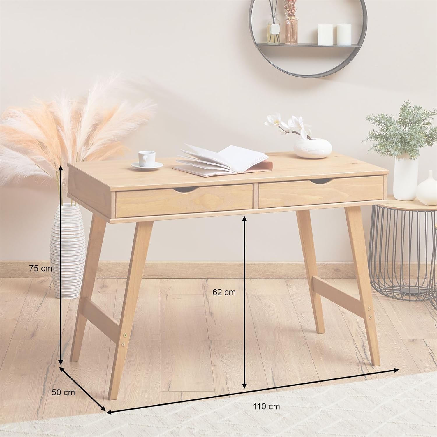 IDIMEX Schreibtisch Milo mit 2 Schubkasten, Massivholz, Eiche Farben stabil und langlebig, ideal für Home-Office, Schubladen für Stauraum