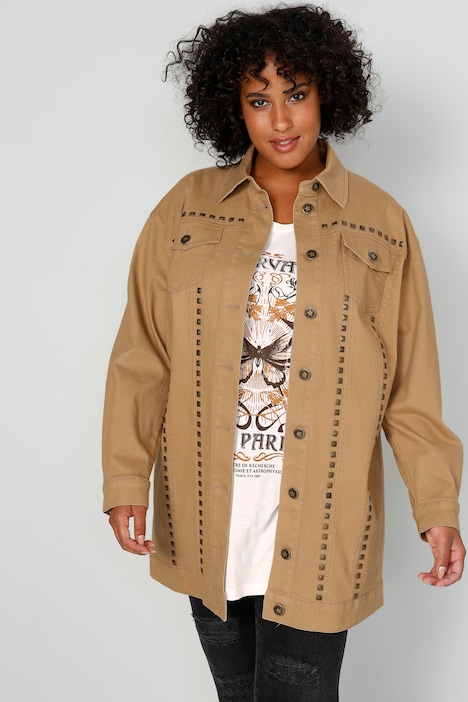 Longjacke, oversized, Ziernieten, Rücken-Stickerei, Langarm