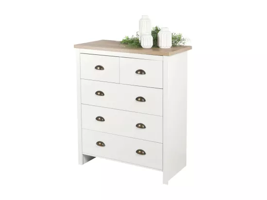 Commode avec 5 tiroirs design colonial – 80x39,5xH97,5 cm, coloris blanc et plateau chêne clair – Collection MADERA