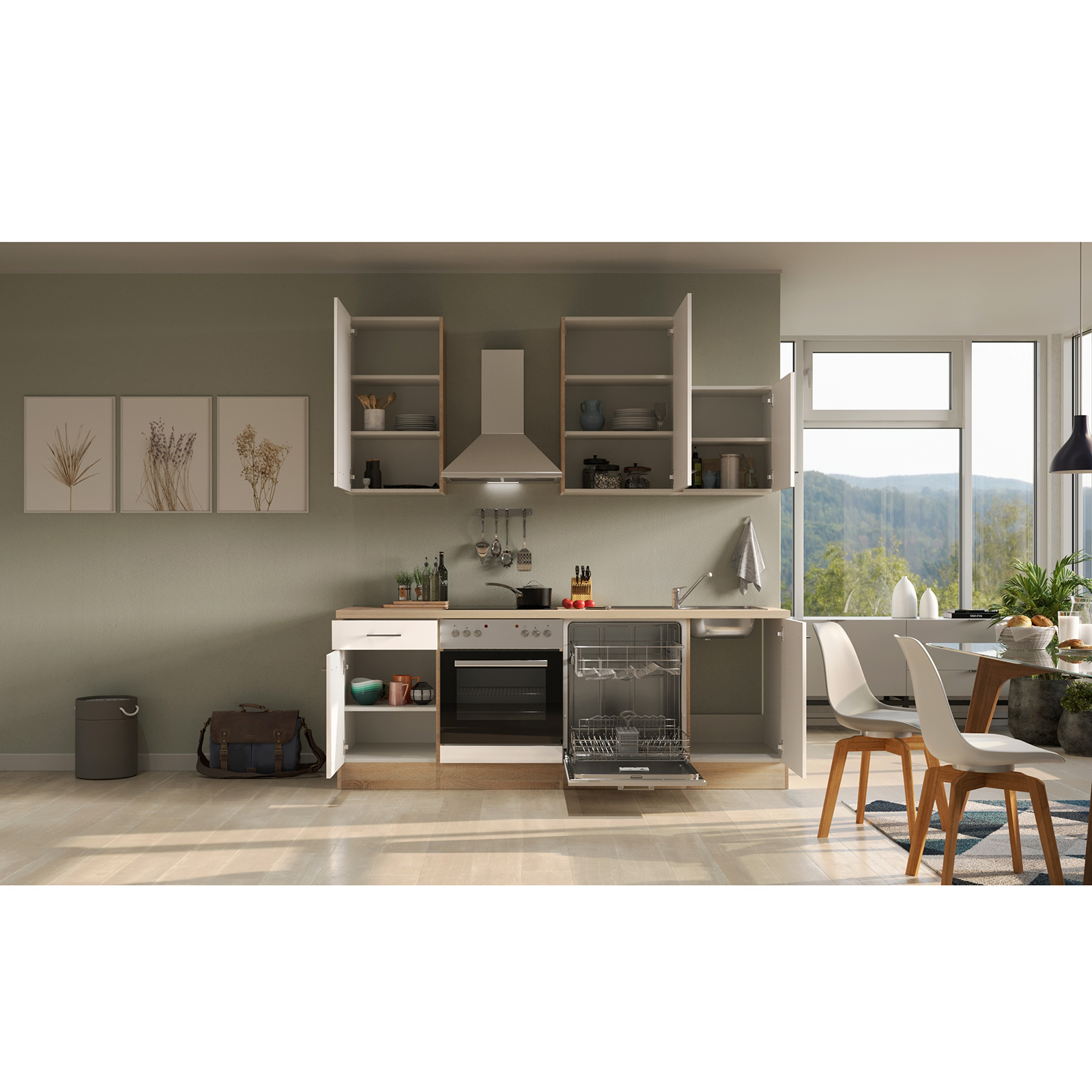 Küchenblock NEPAL - Kaschmir Glanz - Sonoma Eiche Nachbildung - mit E-Geräten - 220 cm