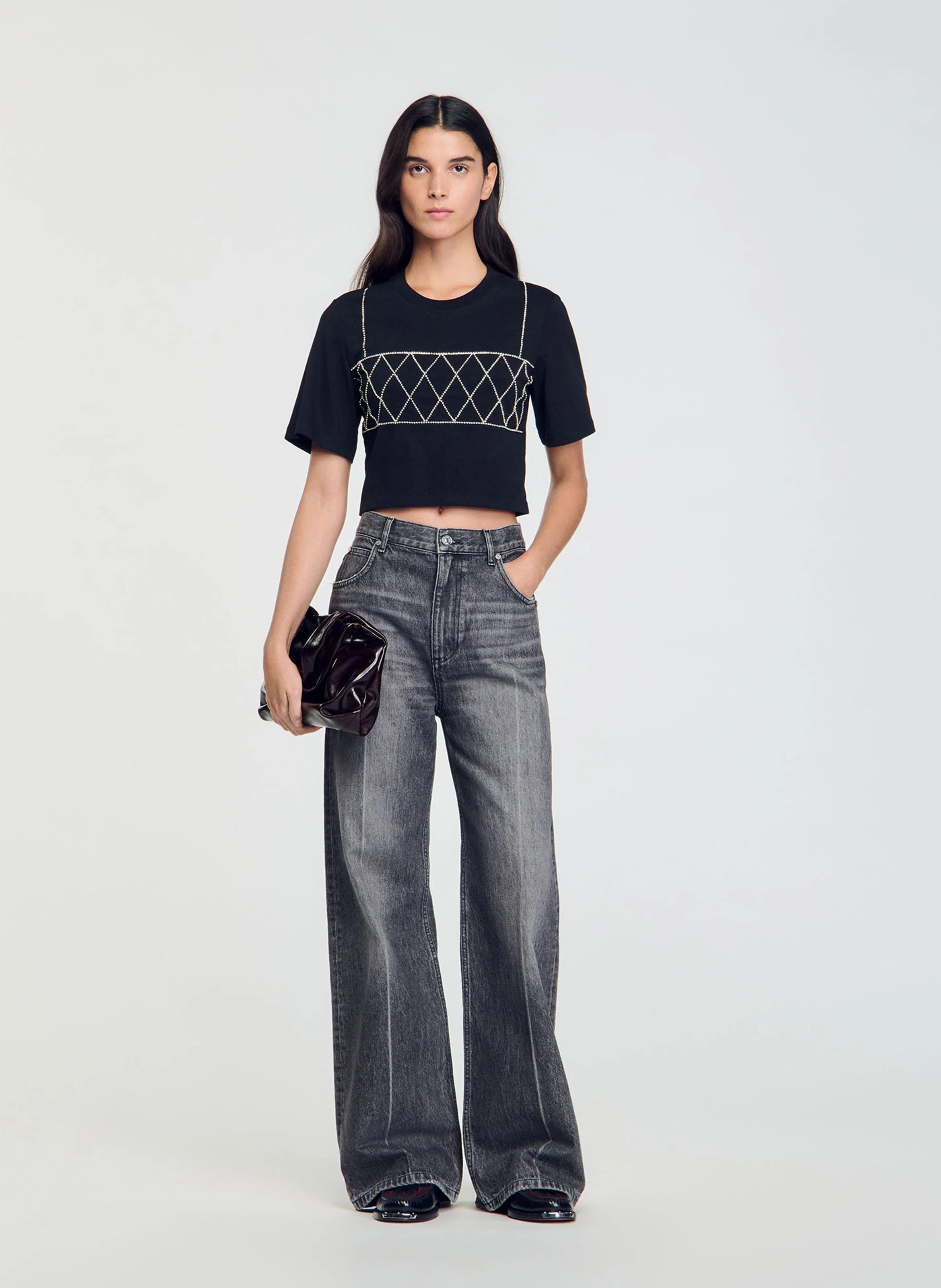 Tee-shirt court en coton strassé | Noir