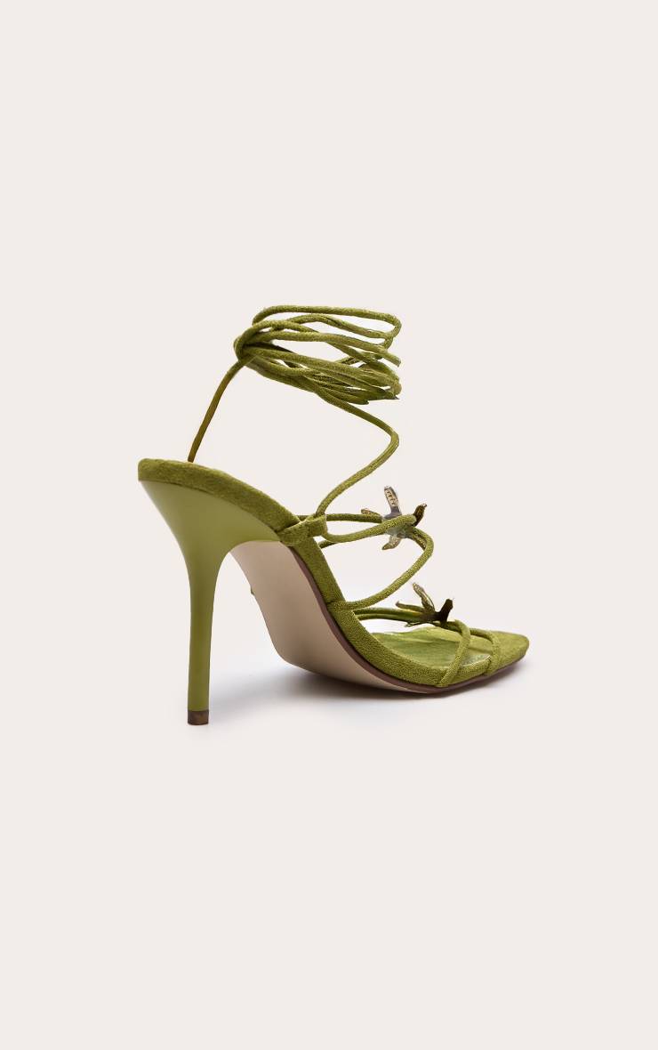 Vert Olive Sandales À Talons En Synthétique Avec Ornements Étoiles De Mer Et Lacets