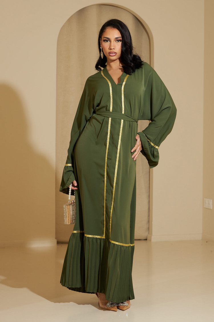 Abaya kaki fluide à dorures et plissées