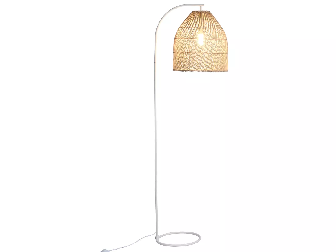 Lampadaire ethnique en fer et rotin - H.177 cm - naturel et blanc - PARNAIBA