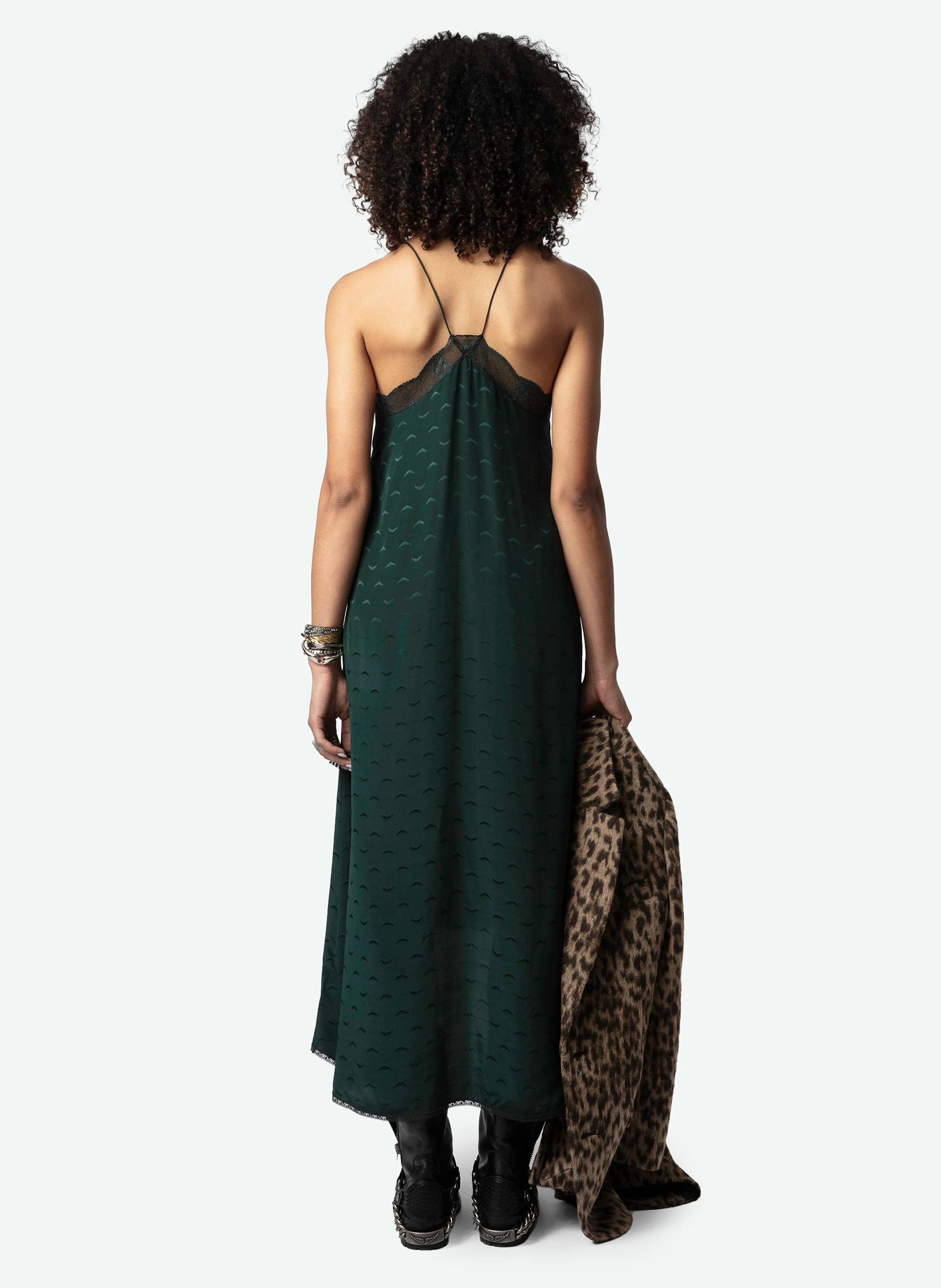 RISTY - Robe longue droite col V en soie | Vert