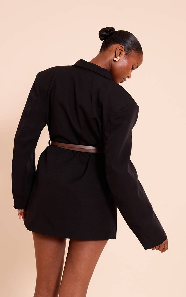 Noir Robe Blazer Ceinturée En Tissu Tissé
