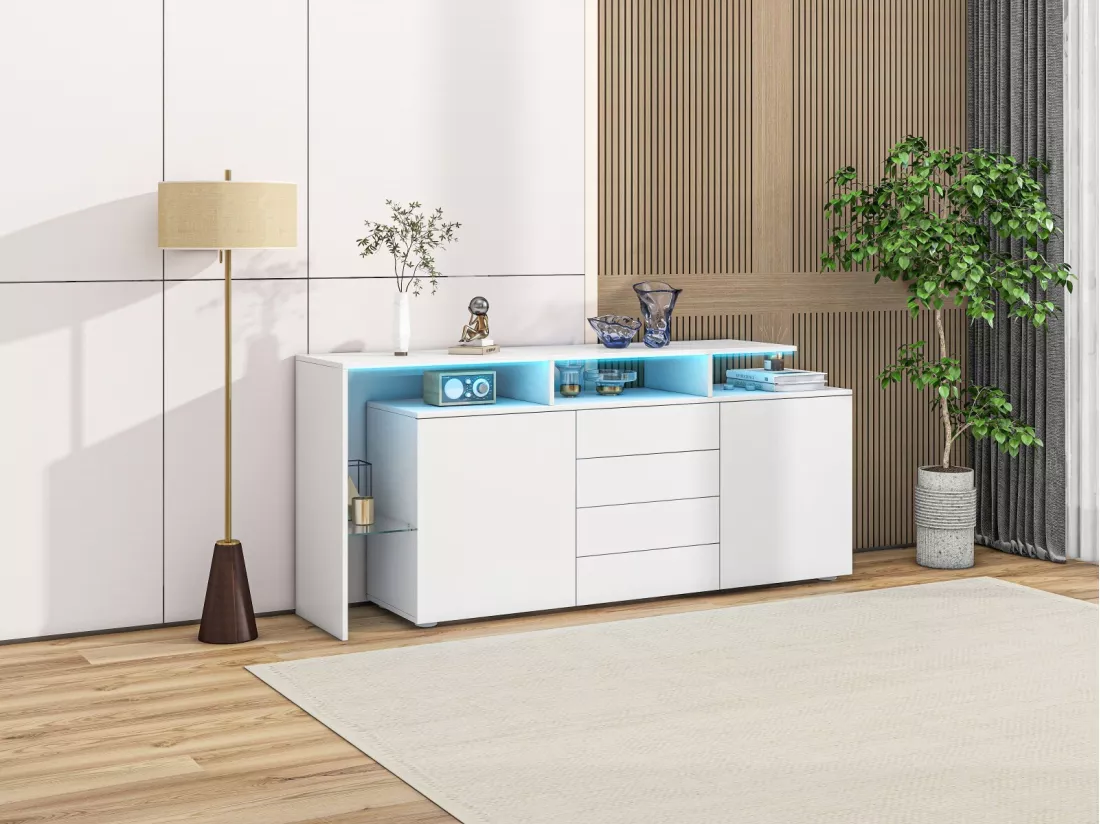 Buffet 2 portes 4 tiroirs et 1 étagère de verre, Meuble TV 160cm, avec LED, Panneau de particule, Blanc, 160x35x70cm