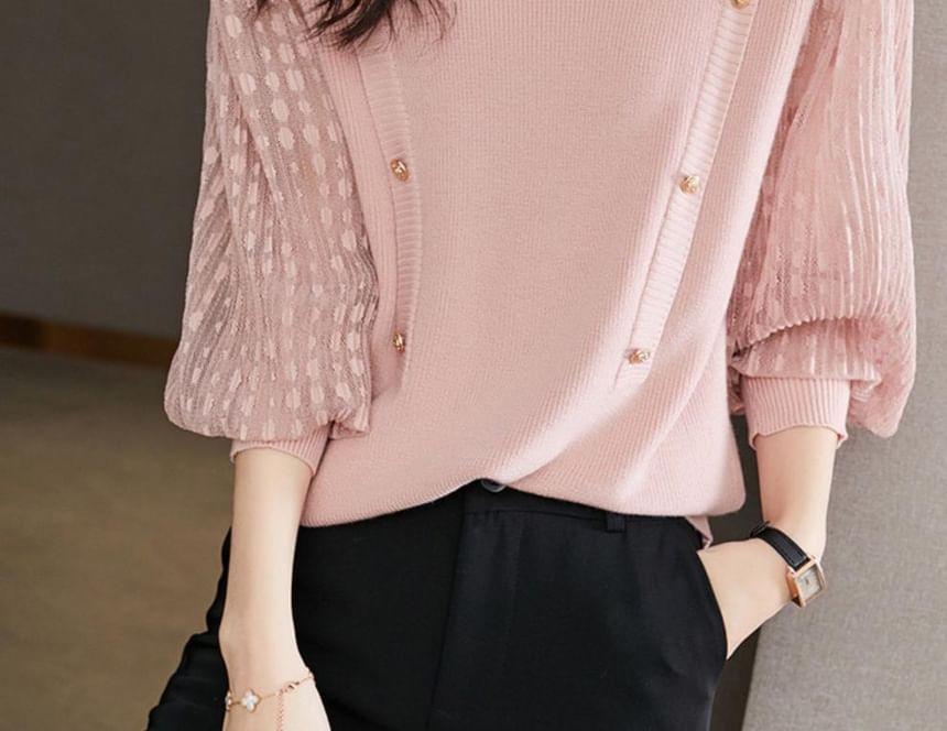 Meatacci - Gebreide top met pofmouwen en een mockneck, effen gestreept paneel