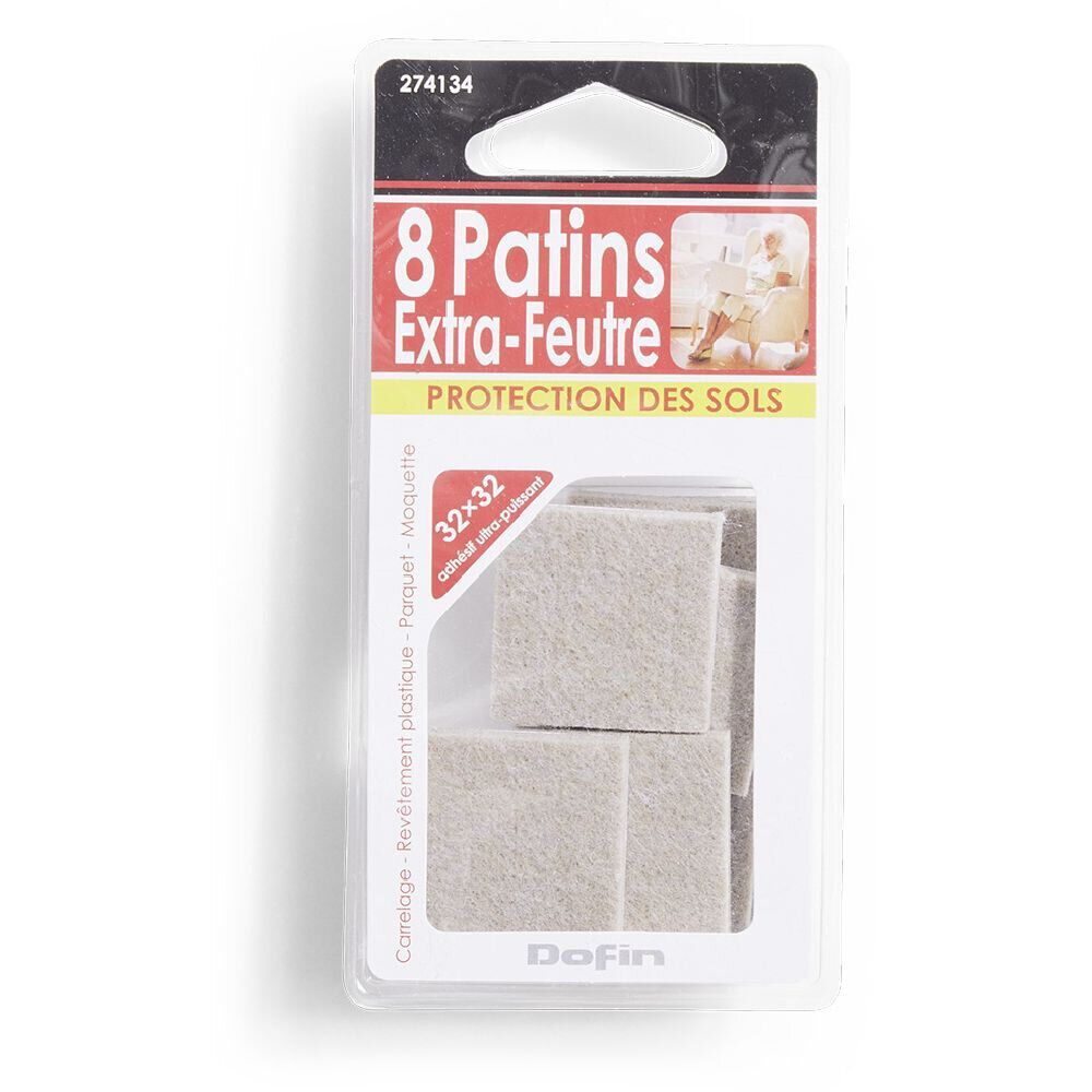 Lot de 8 patins en feutre adhésif ultra puissant - 32x32 mm