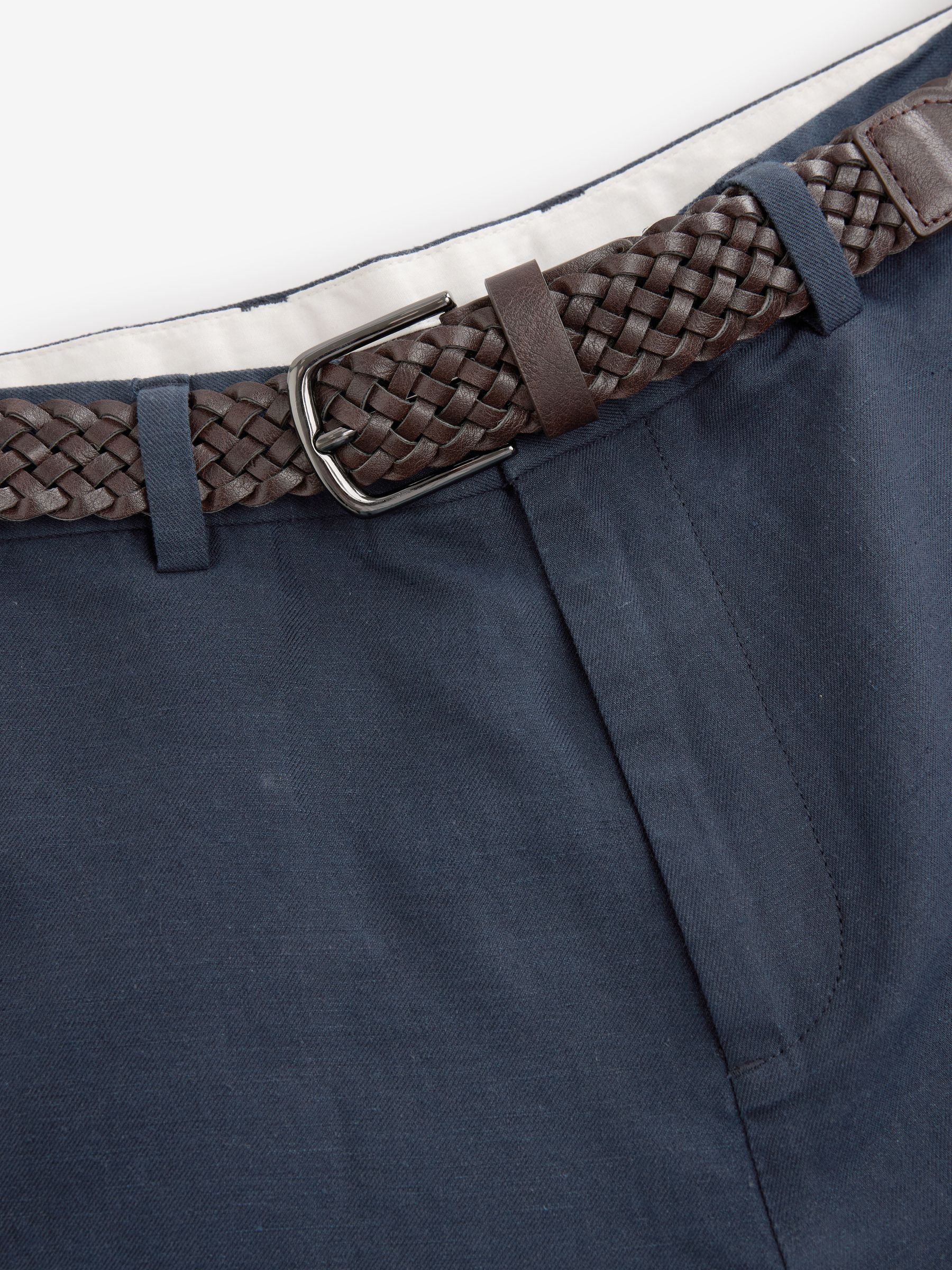 Donkerblauw - Regular fit linnen-katoenmix broek met ceintuur
