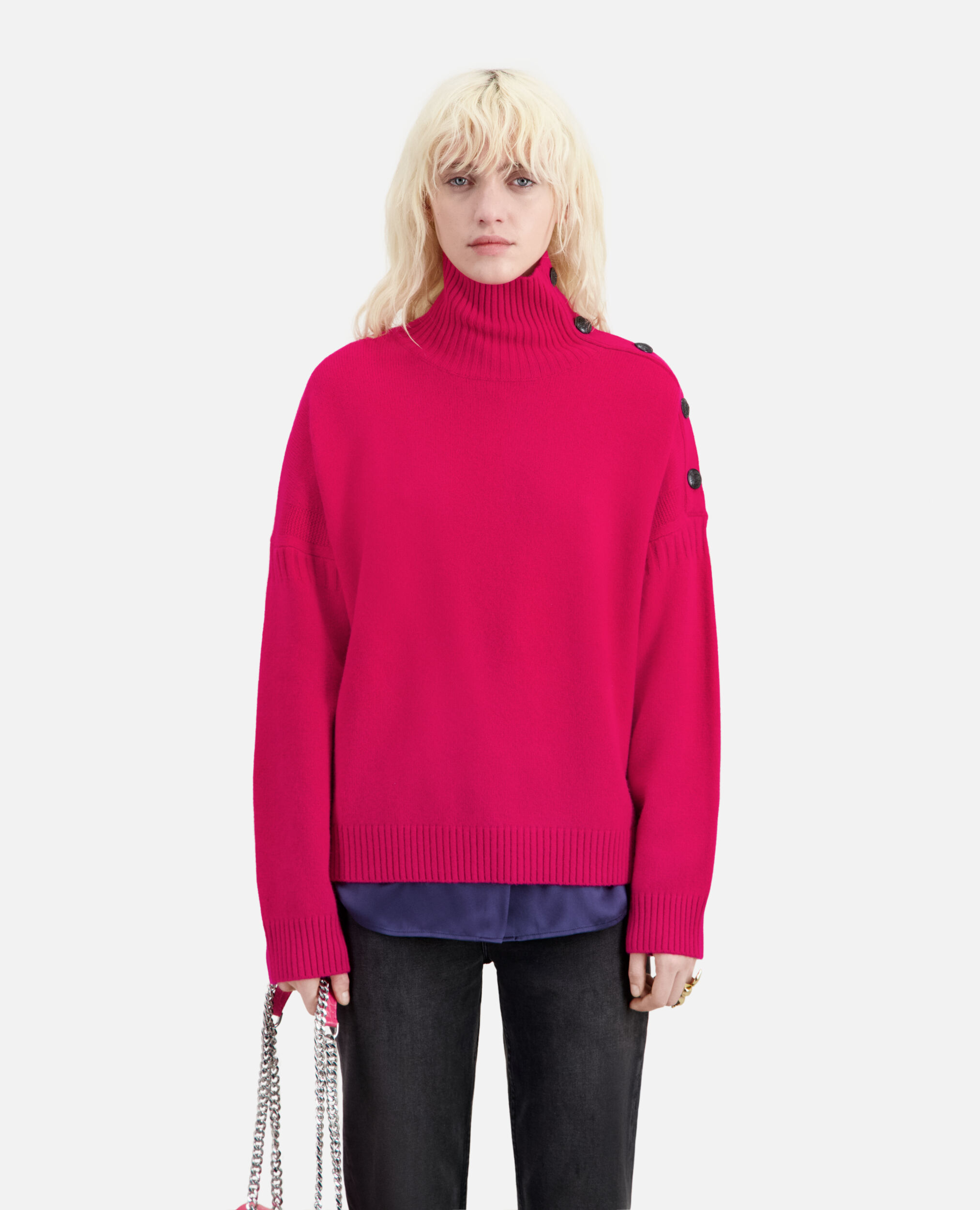 Fuchsia wool and cashmere sweater with buttons