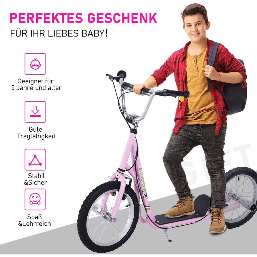HOMCOM Kinderroller Mit Handbremse, extra dicker Luftbereifung, Höhenverstellbarer Lenker rosa