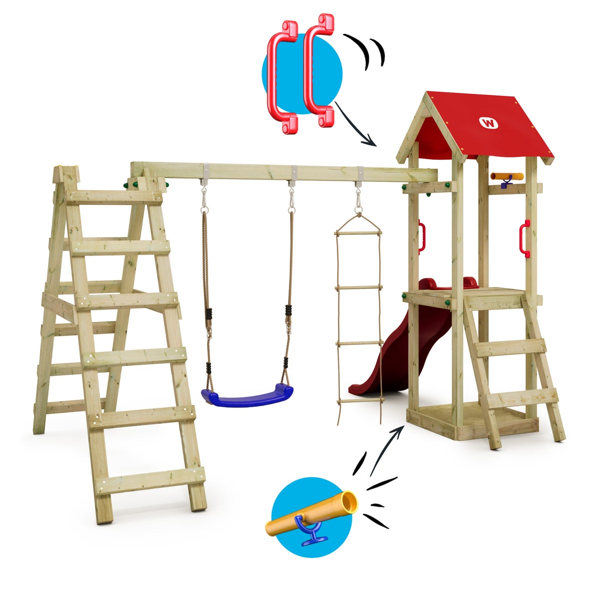 WICKEY TinyLoft Speeltoren Klimrek met Schommel en Glijbaan, Klimtoren met Zandbak, Ladder en Speelaccessoires - Rood