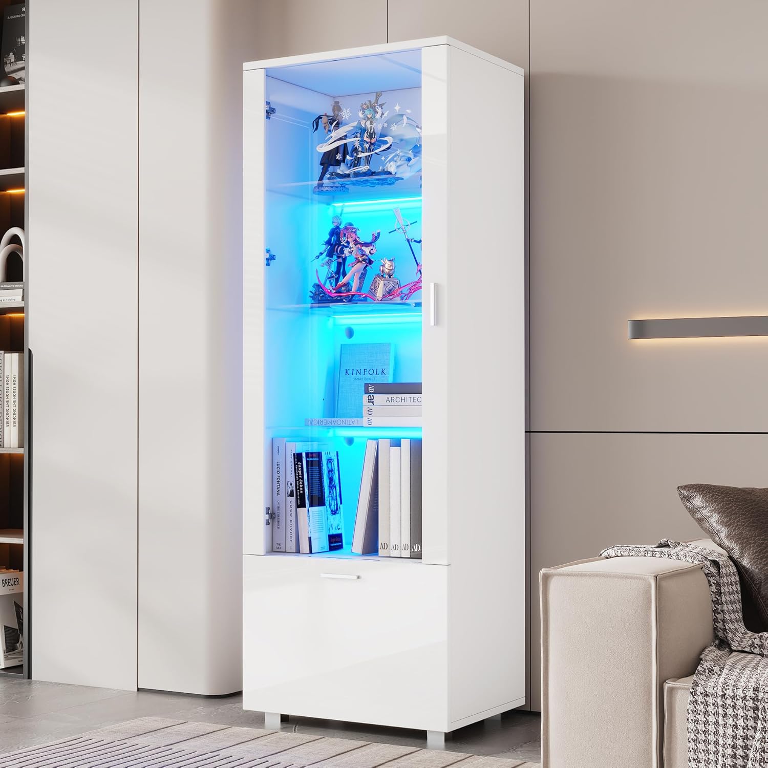 Merax Vitrinenschrank mit LED Beleuchtung, Glasvitrine mit 3 Fachböden, Schublade, Hochglanzvitrinen für Sammlerstücke, Bücherschrank mit Glastüren, für Wohnzimmer, Schlafzimmer, 50x40x160cm, Weiß