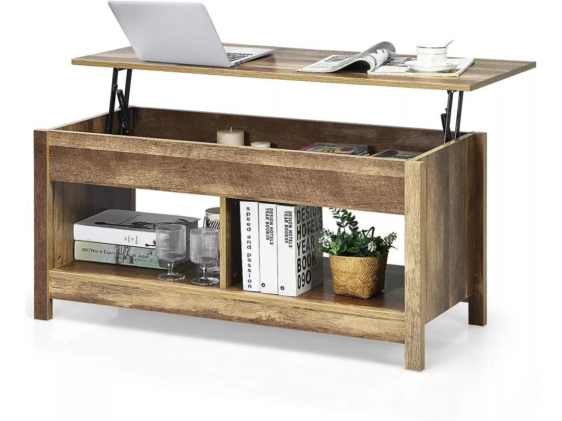 Table basse avec plateau relevable et espace de rangement caché, ideal pour salon 109 x 47,5 x 50 cm