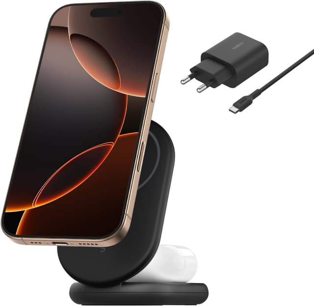 Belkin BoostCharge 2-i-1 15W Qi2 magnetisk oplader (sort)