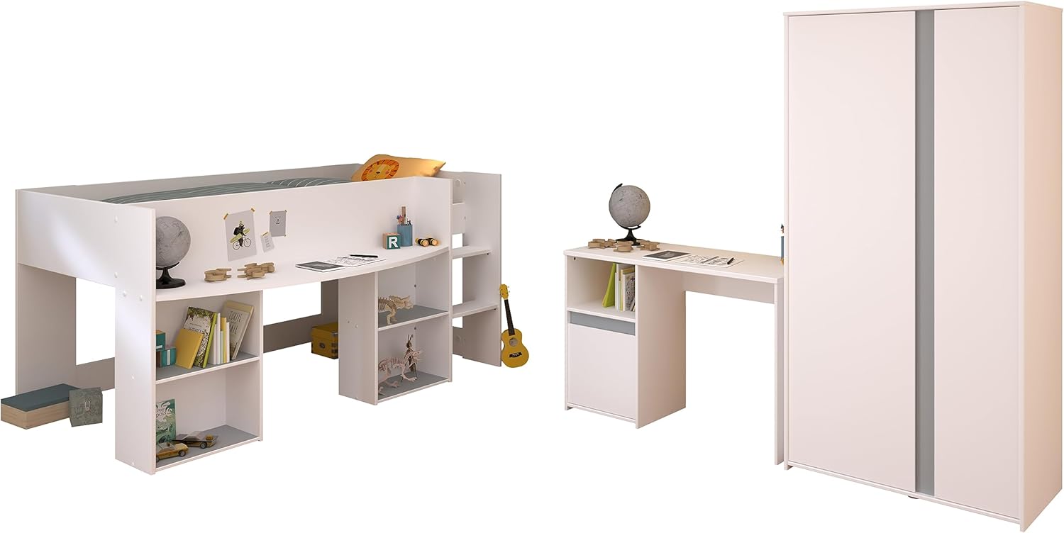Parisot Jugendzimmer Pirouette 13 3teilig Weiß und Rosa/Kieselgrau mit Kleiderschrank, Hochbett und Schreibtisch…