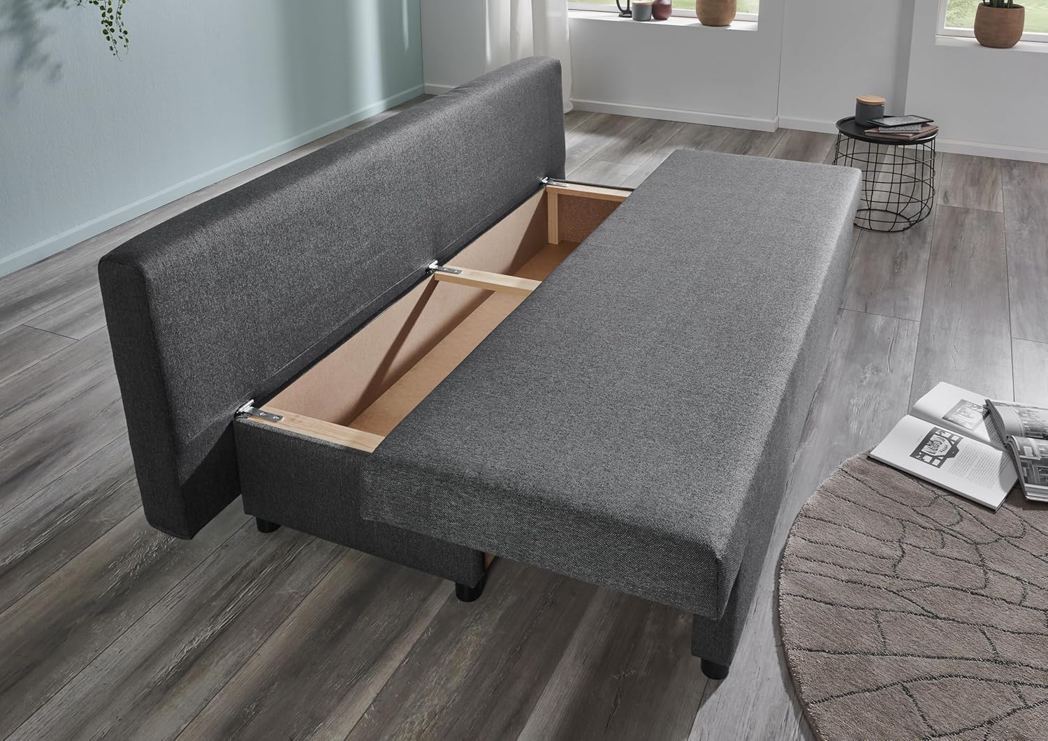 Betten-ABC Trendy Klappsofa mit Schlaffunktion – Platzsparendes Schlafsofa mit zweifarbigen Rückenkissen, Komfortschaum-Polsterung, Stabilen Kunststofffüßen, Anthrazit, 191x72x73 cm
