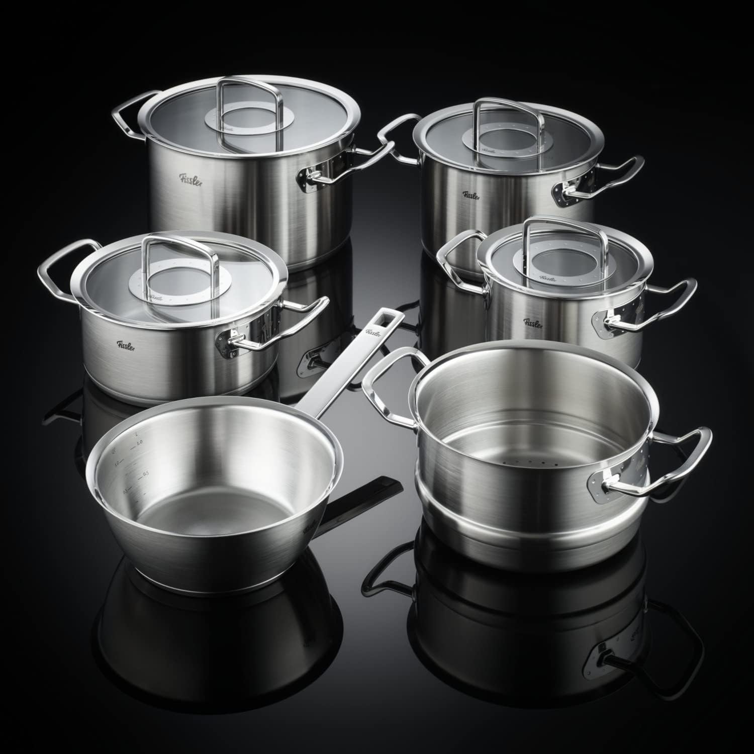 Fissler Original-Profi Collection/Edelstahl-Kochtopfset, 6-teilig, Töpfe mit Glas-Deckel (3 Kochtöpfe,1 Bratentopf 1 Sauteuse-deckellos, 1 Dämpf-Einsatz) - Induktion