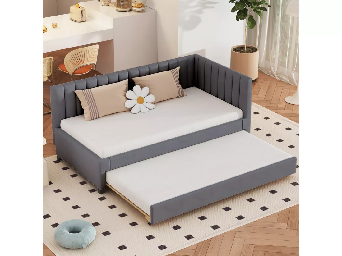 Lit gigogne 90 x 190/200 cm - canapé lit en velours - sommier à lattes - gris