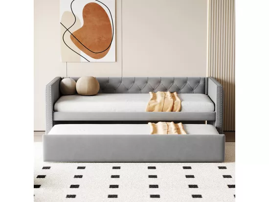 Lit gigogne Lit adulte Lit banquette 90 x 200 avec Sommier à lattes Lit d'invité Velours Gris clair