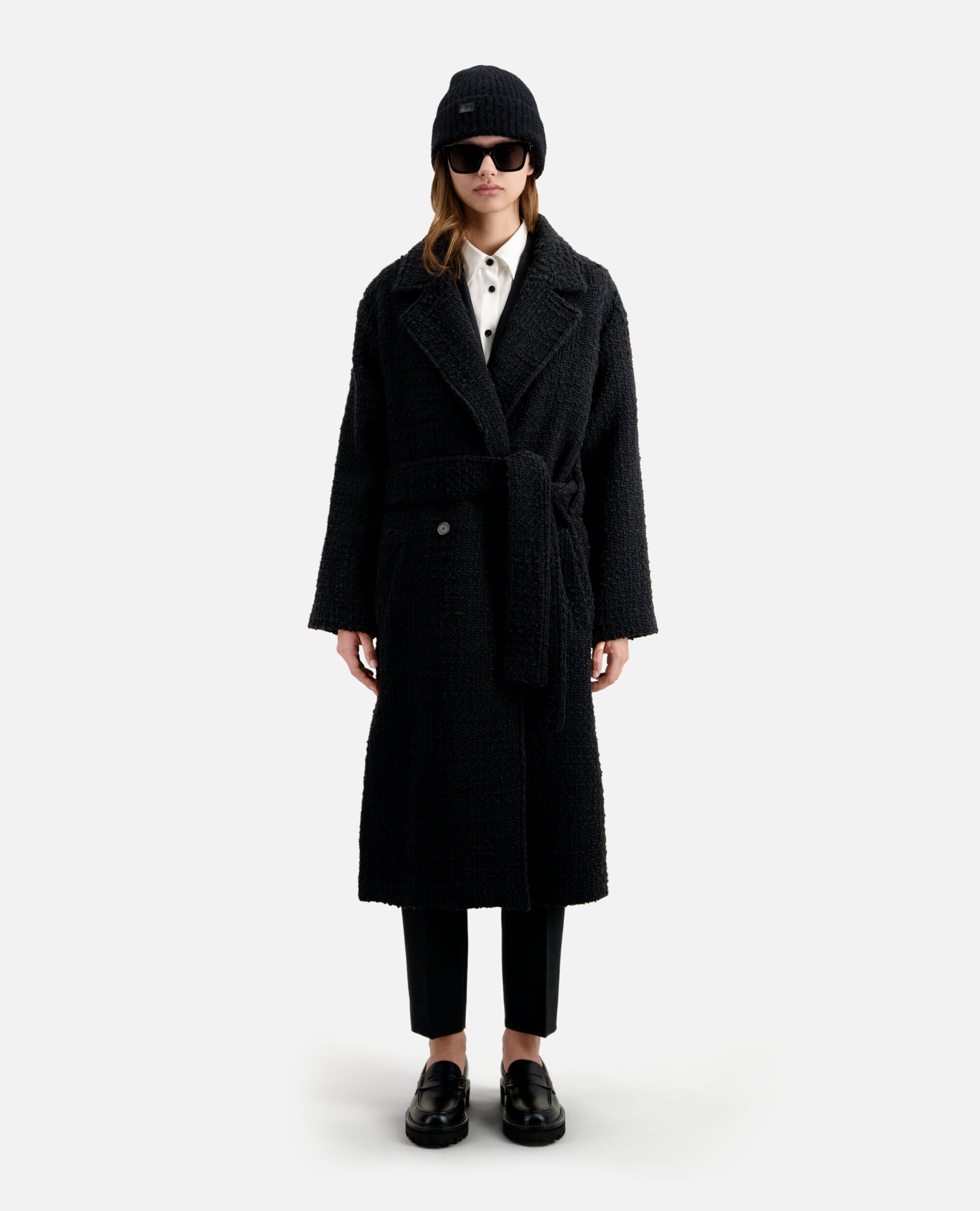 Long black tweed coat