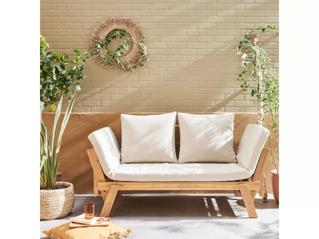 Banquette de jardin beige 2/3 places JALANCE. accoudoirs modulables 155/200x72x74.5cm