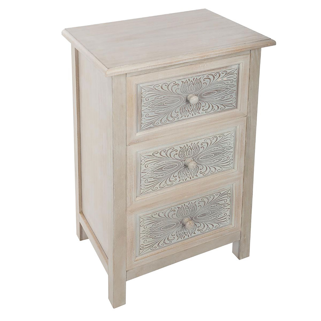 Commode bois effet cérusé 3 tiroirs HINA 48x80x34cm - ATMOSPHERA