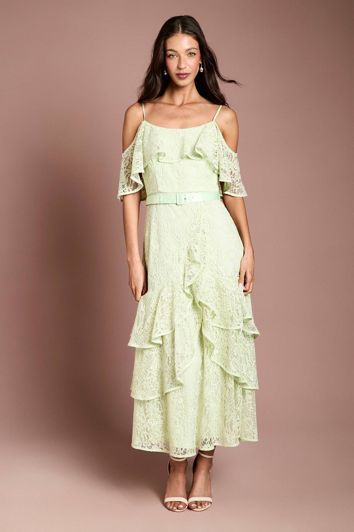 Coast Robe Midi Ceinturée À Bretelles Avec Détails De Dentelle Et Volants