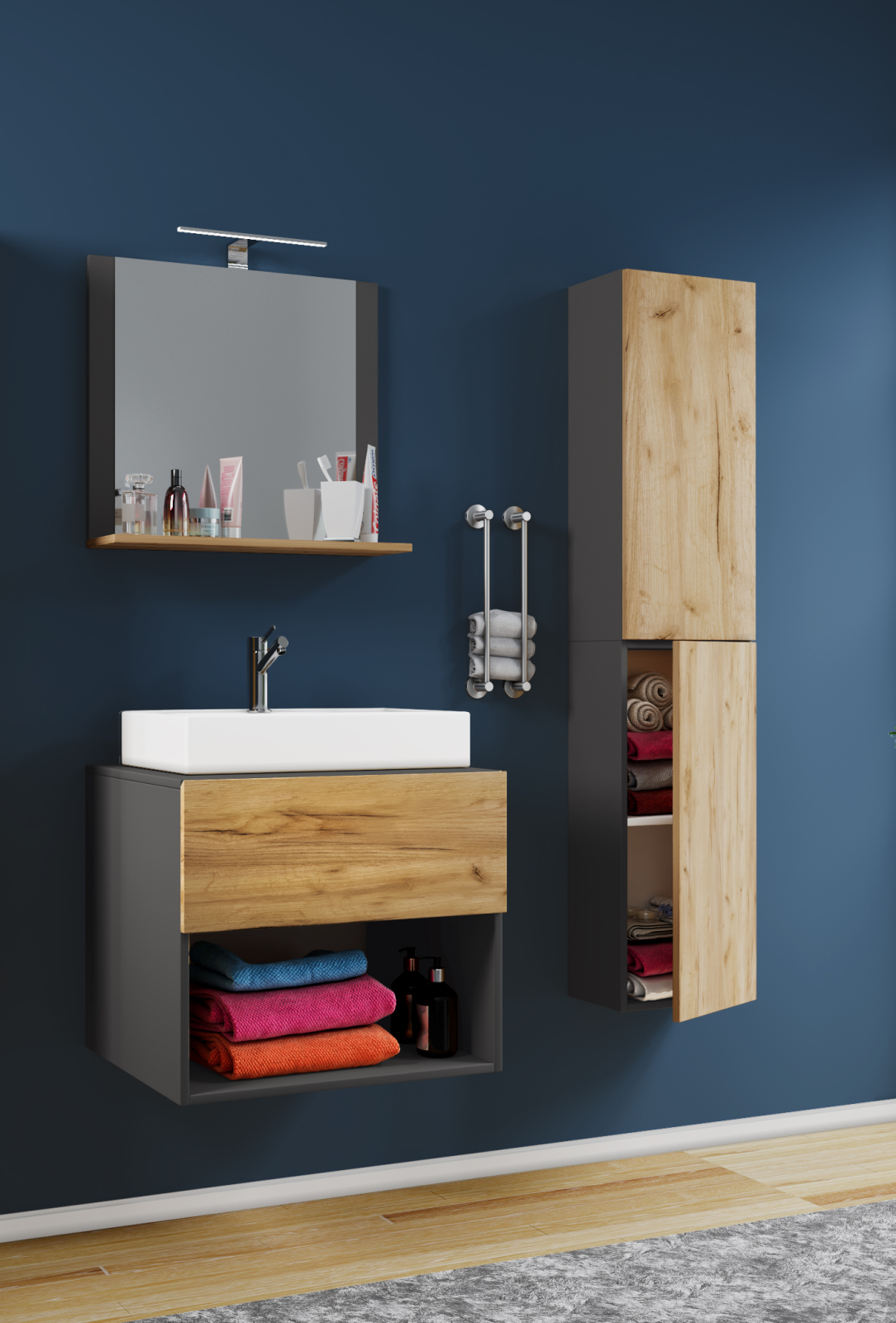 4-teiliges Badmöbel-Set LENDAS II - anthrazit-Honig-Eiche - 93 cm