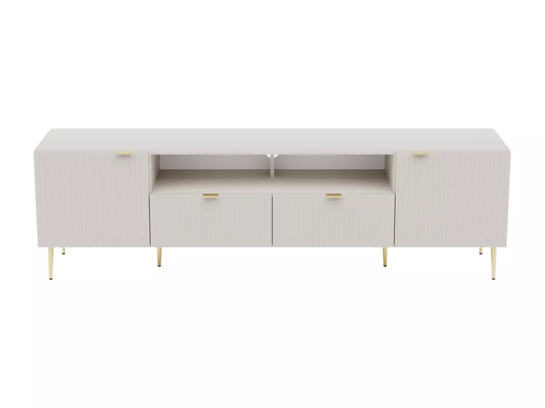 Meuble TV avec 2 portes, 2 tiroirs et 2 niches en MDF et acier - Beige et Doré - YESINIA