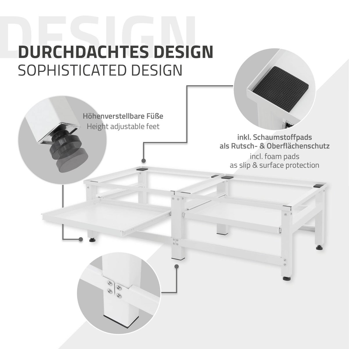 ML-Design Dubbele Wasmachine Onderstel met 2 Uitschuifbare Planken, Wit, Staal, tot 2 x 150 kg + 10 kg, Verstelbare Voeten, Dubbele Wasmachine Onderstel, Dubbele Onderstel, Dubbel Platform, Verhoger
