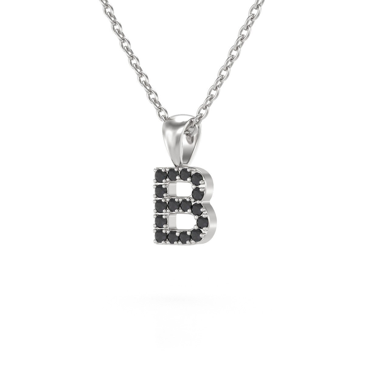 Collier Pendentif ADEN Lettre B Or 750 Blanc Diamant Noir Chaine Or 750 incluse 0.72grs