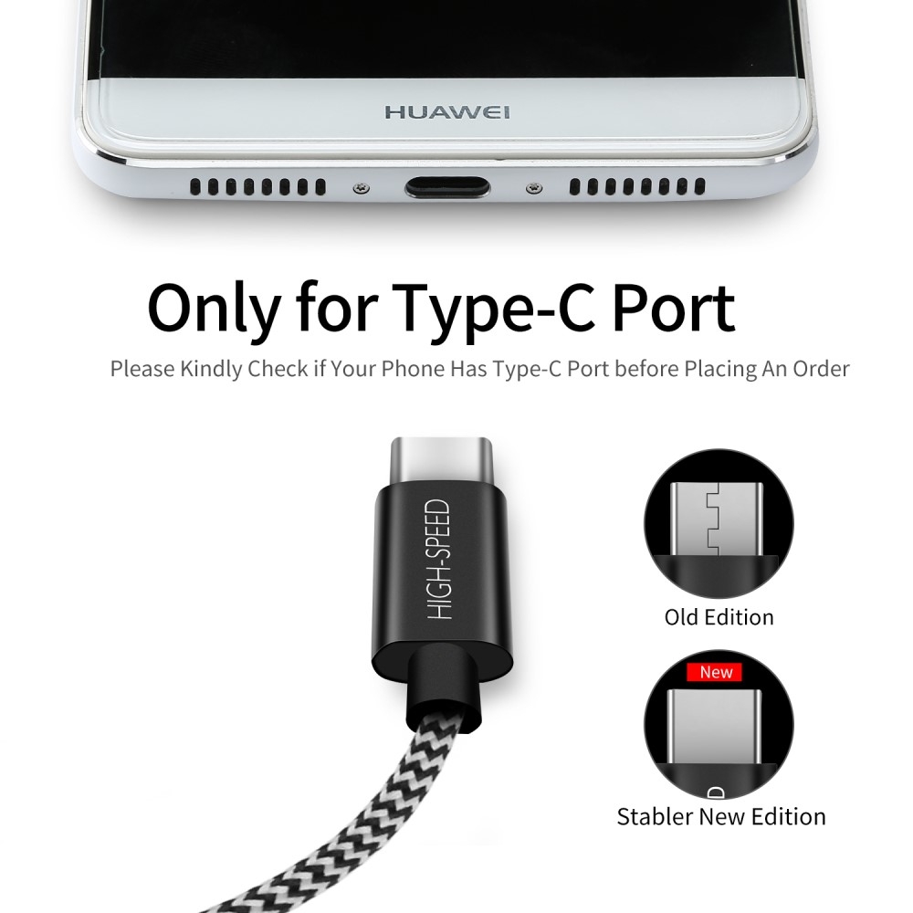 (3m/2.1A) USB A auf USB C Ladekabel Datenkabel Nylon - Schwarz / Weiss