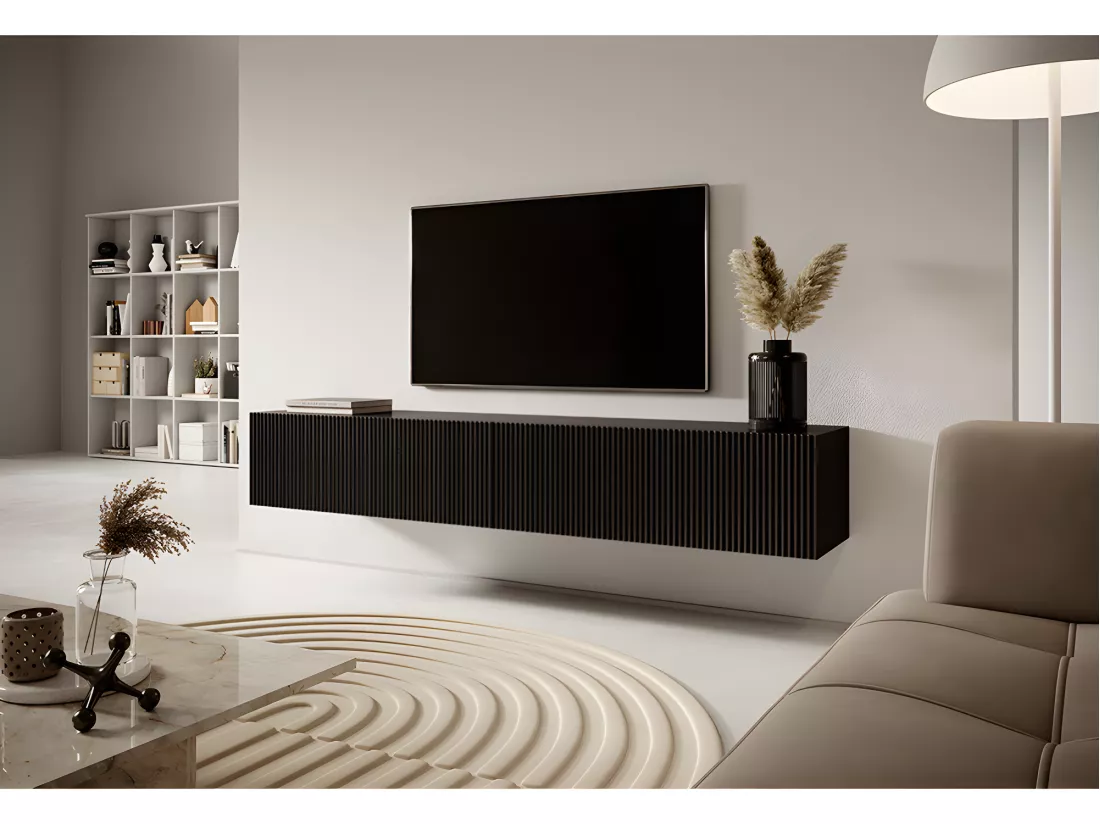Meuble TV noir de 175 cm avec façade fraisée VELDIO
