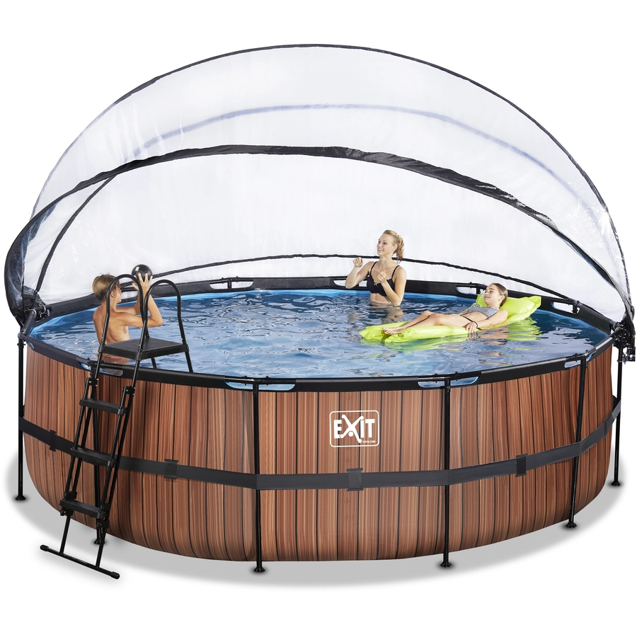 EXIT Frame Pool ø488x122cm (12v Sandfilter) – Holz Optik + Sonnendach + Wärmepumpe