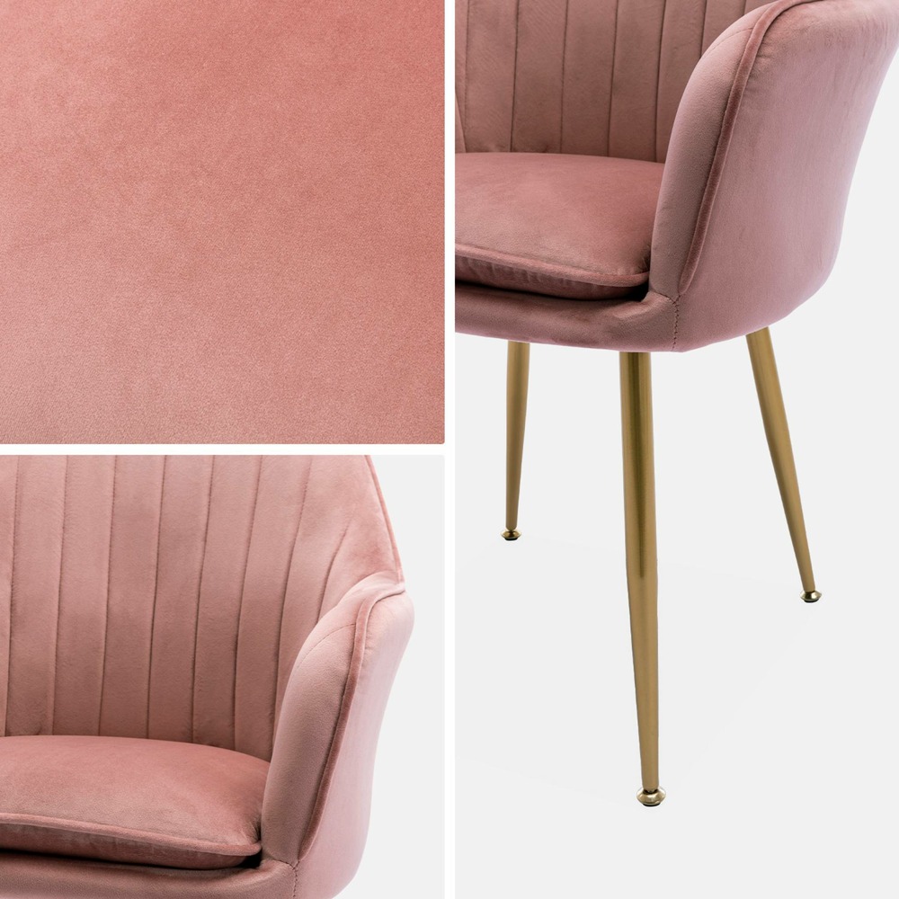 Lot de 2 fauteuils en velours vieux rose et pieds en métal doré. Shella l 58 x p 58 x h 85