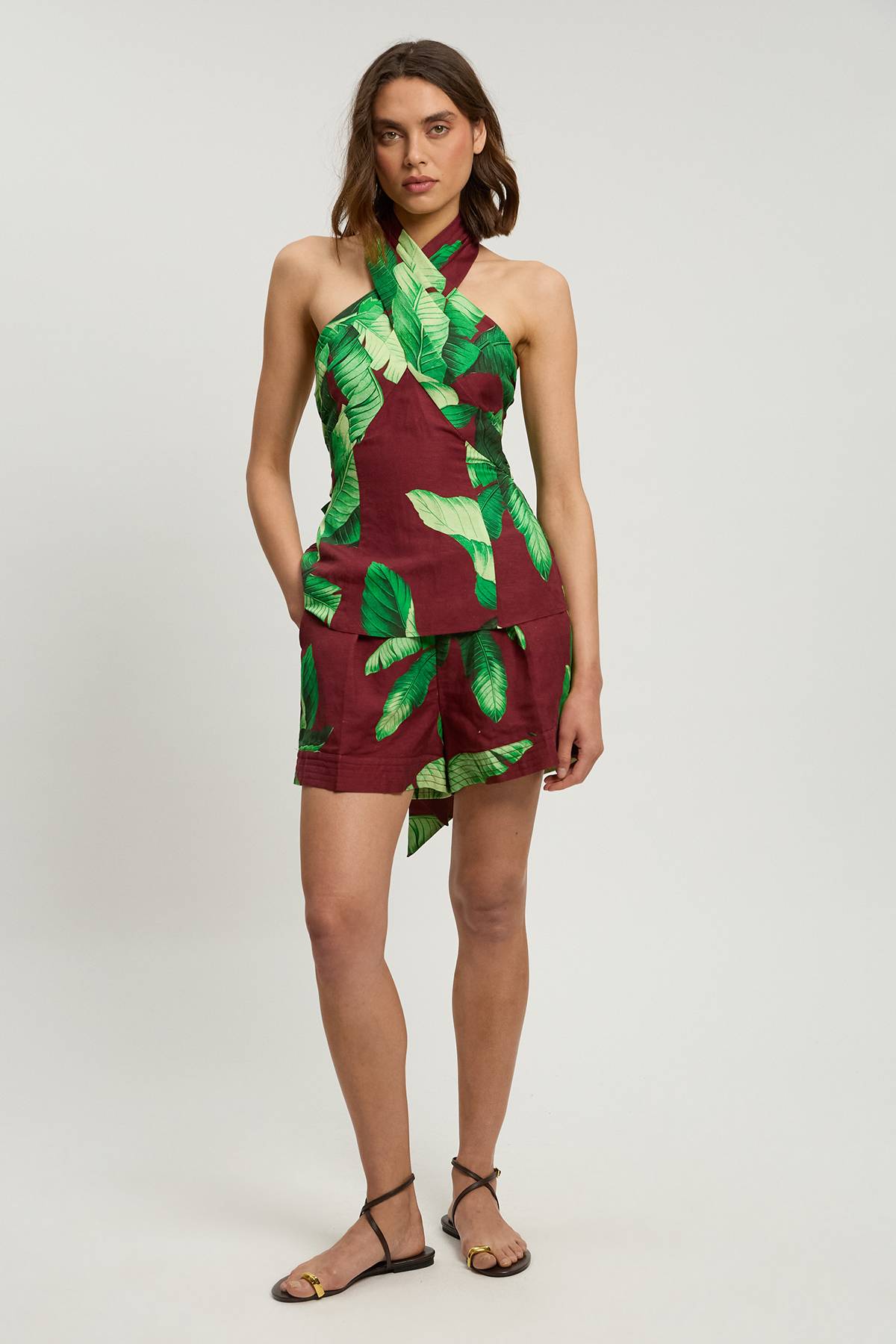 KarenMillen Haut Tissé Dos Nu En Viscose Lin Imprimé Palmiers