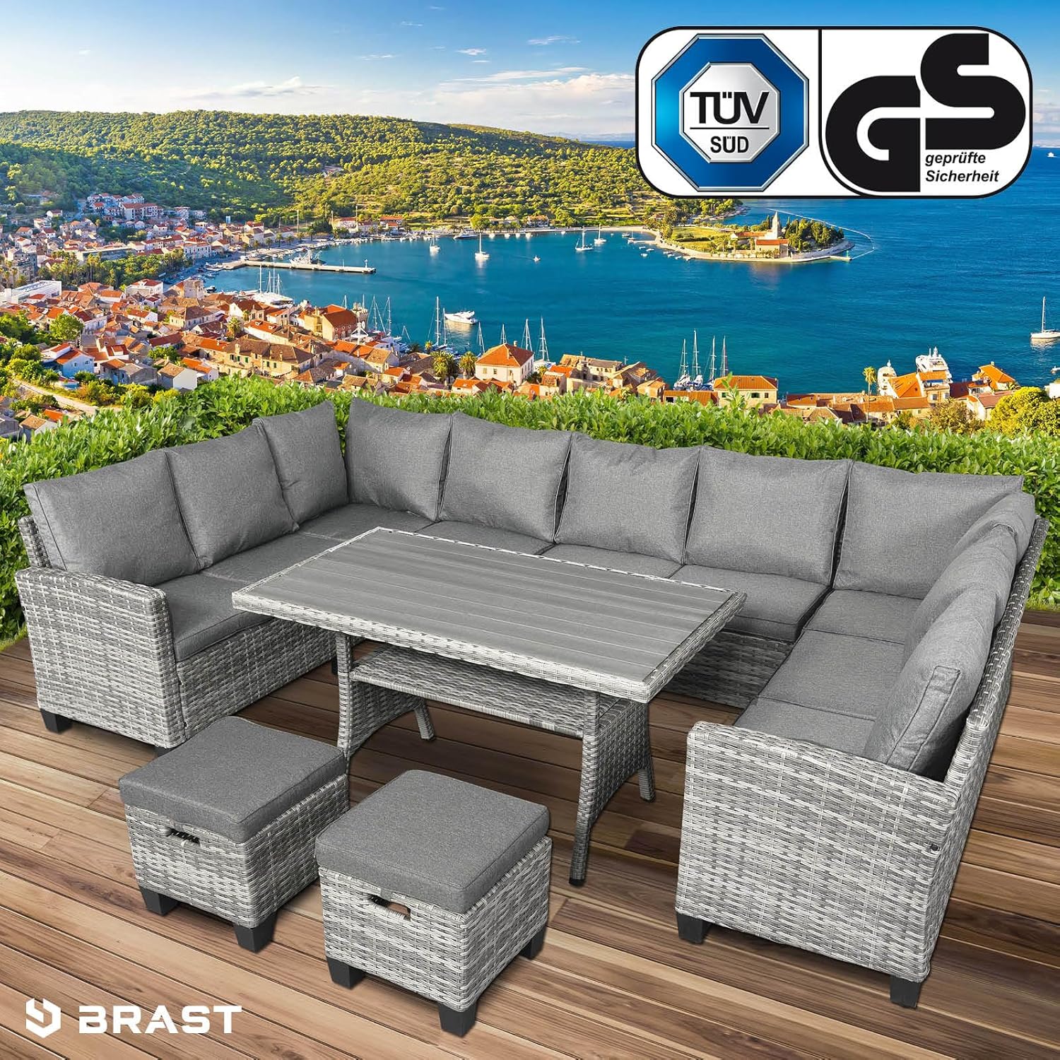 BRAST Gartenmöbel Set Family | bis zu 11 Personen viele Farben | inkl. extra Dicke Kissen | TÜV geprüft | Outdoor Loungemöbel Sitzgruppe Essgruppe Garnitur