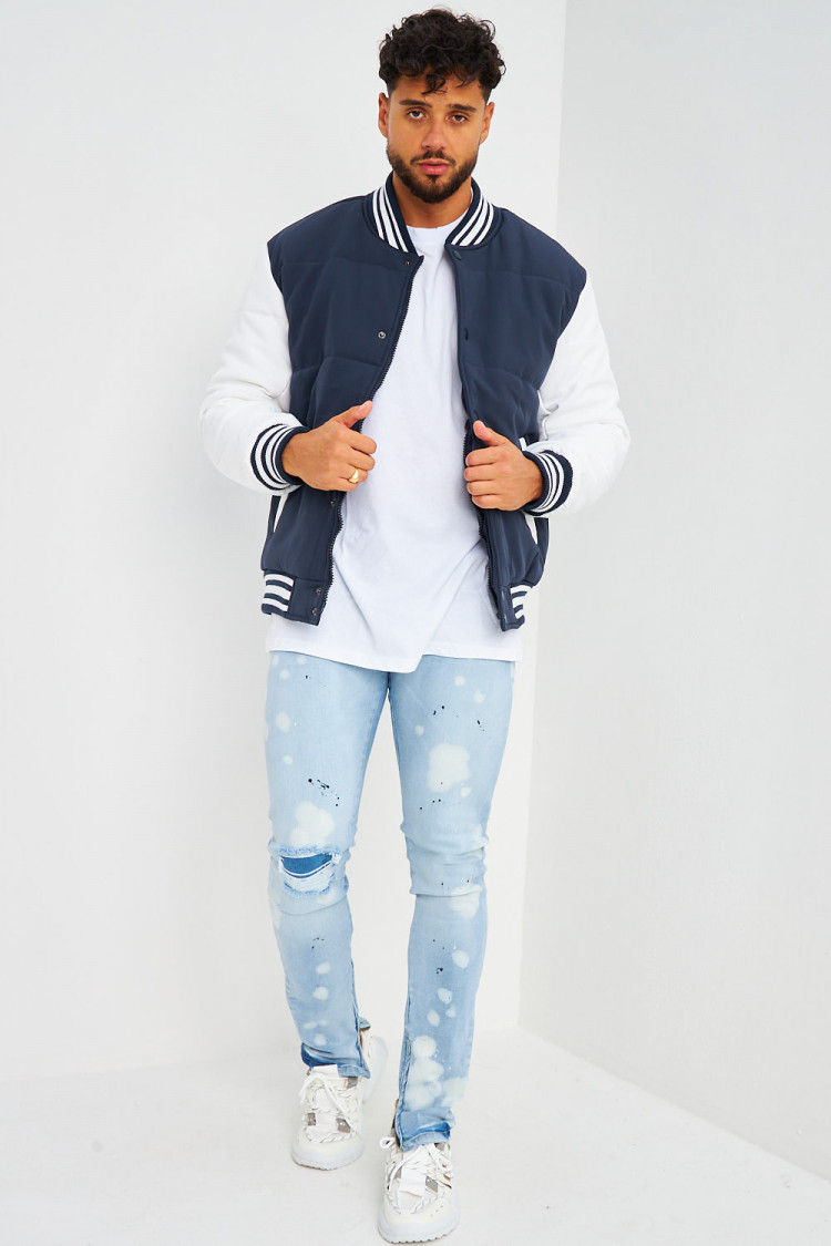 Bomber épais bleu marine à manches longues blanches