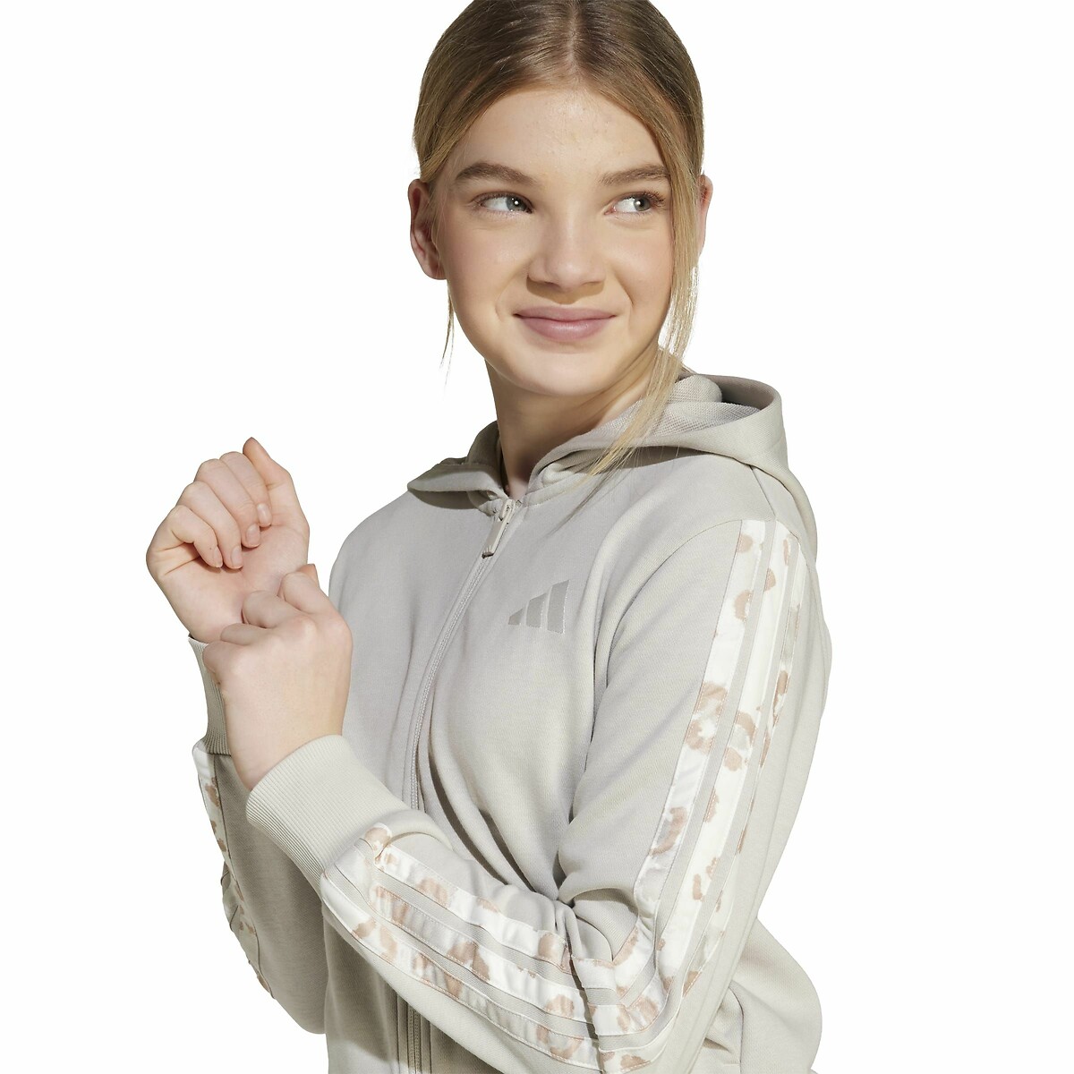 ADIDAS ROUPAS ESPORTIVAS<br>Moletom de corte reto com zíper e detalhes em estampa de leopardo