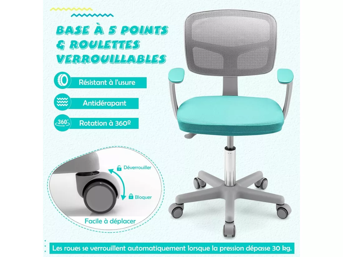 Chaise de Bureau Pivotante Enfants avec Hauteur Réglable 80-91,5cm, Siège à roulettes Enfants avec Dossier & Accoudoirs Ergonomique, Coussin Amovible, Verrouillage Automatique, 3-10 Ans