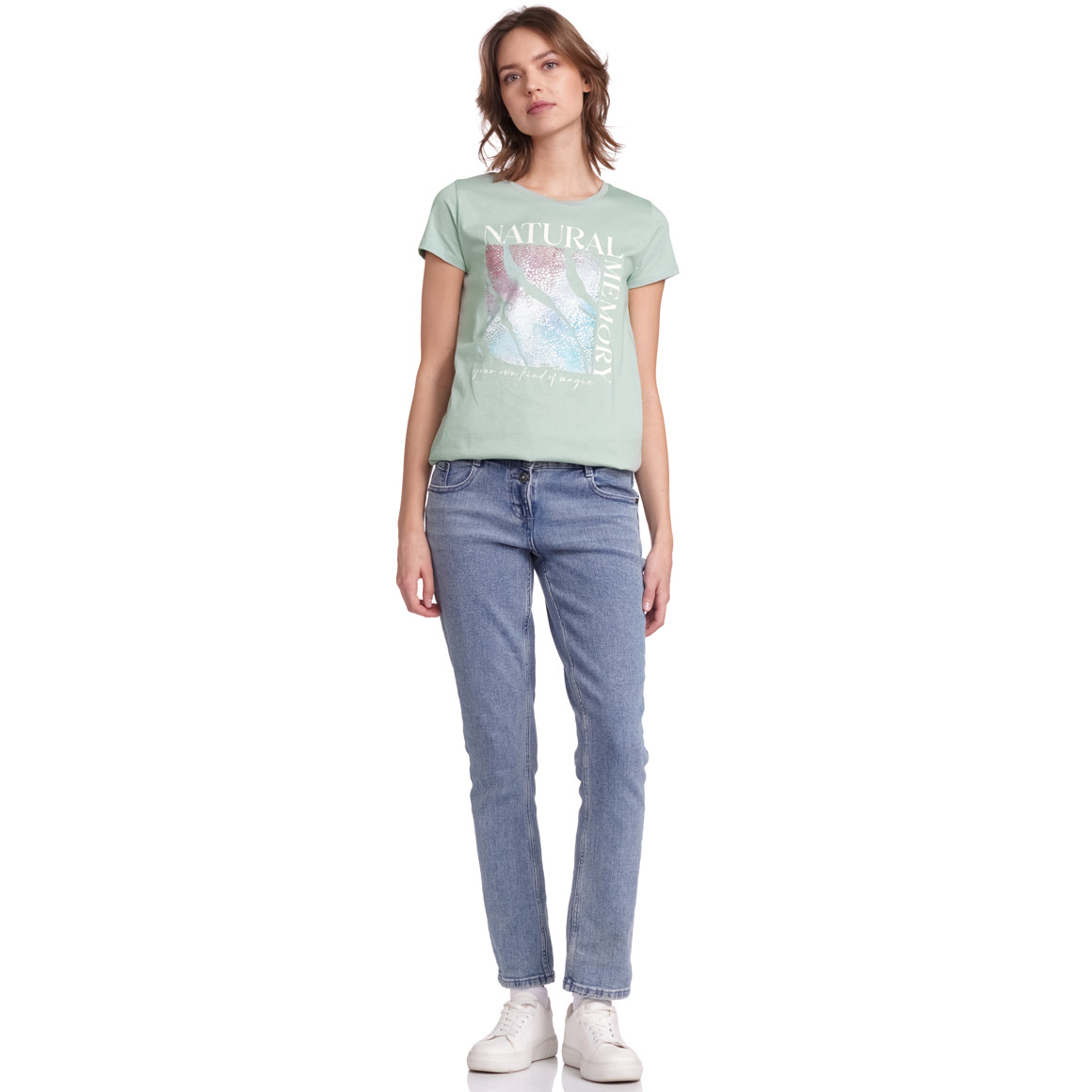 Gina Collection Damen T-Shirt mit Glitzer-Print salbei