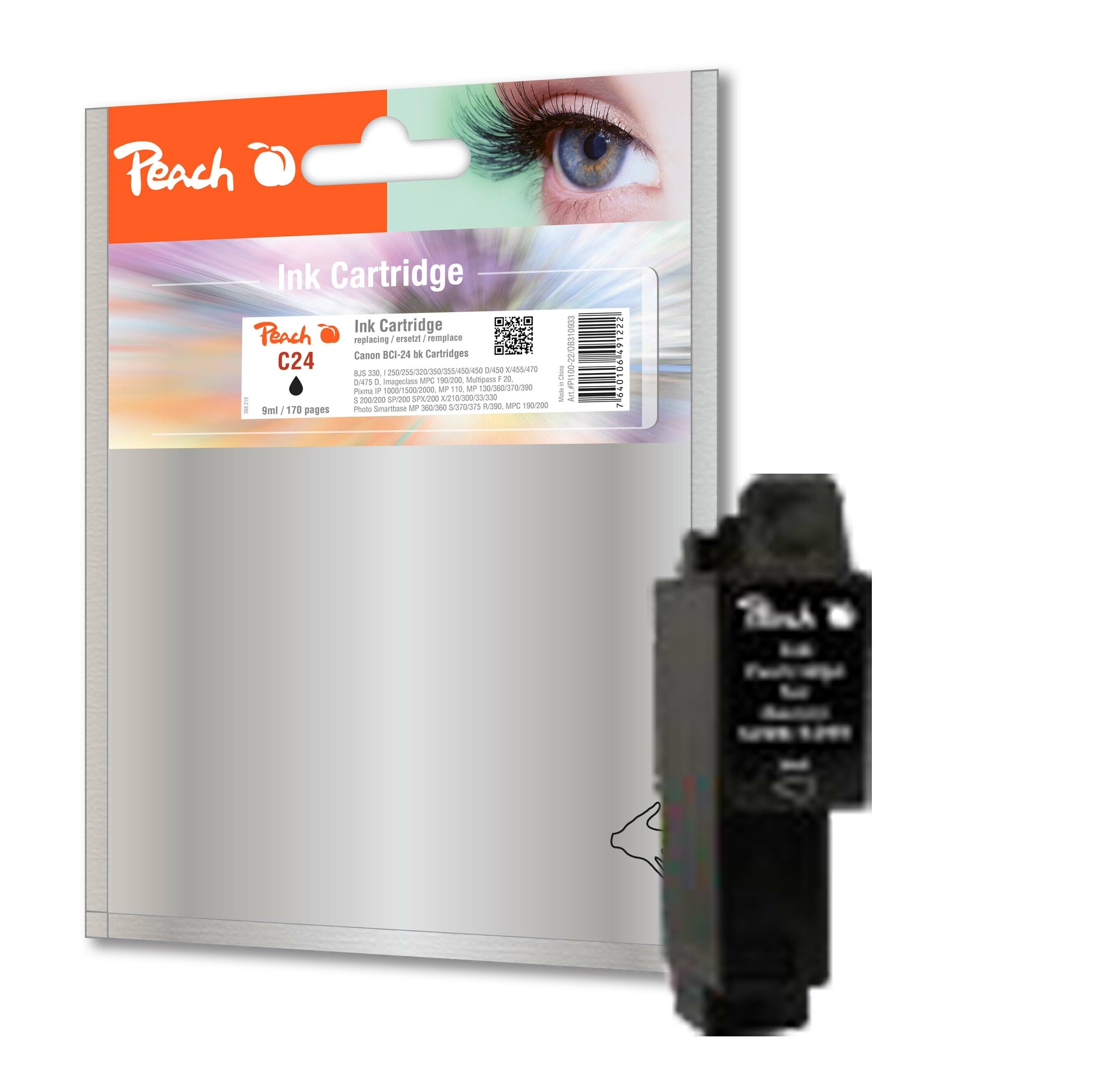 Peach C24 BK Druckerpatrone bk ersetzt Canon BCI-24BK, 6881A002 für z.B. Canon BJS 330, Canon I 250, Canon I 255, Canon I 320, Canon I 350