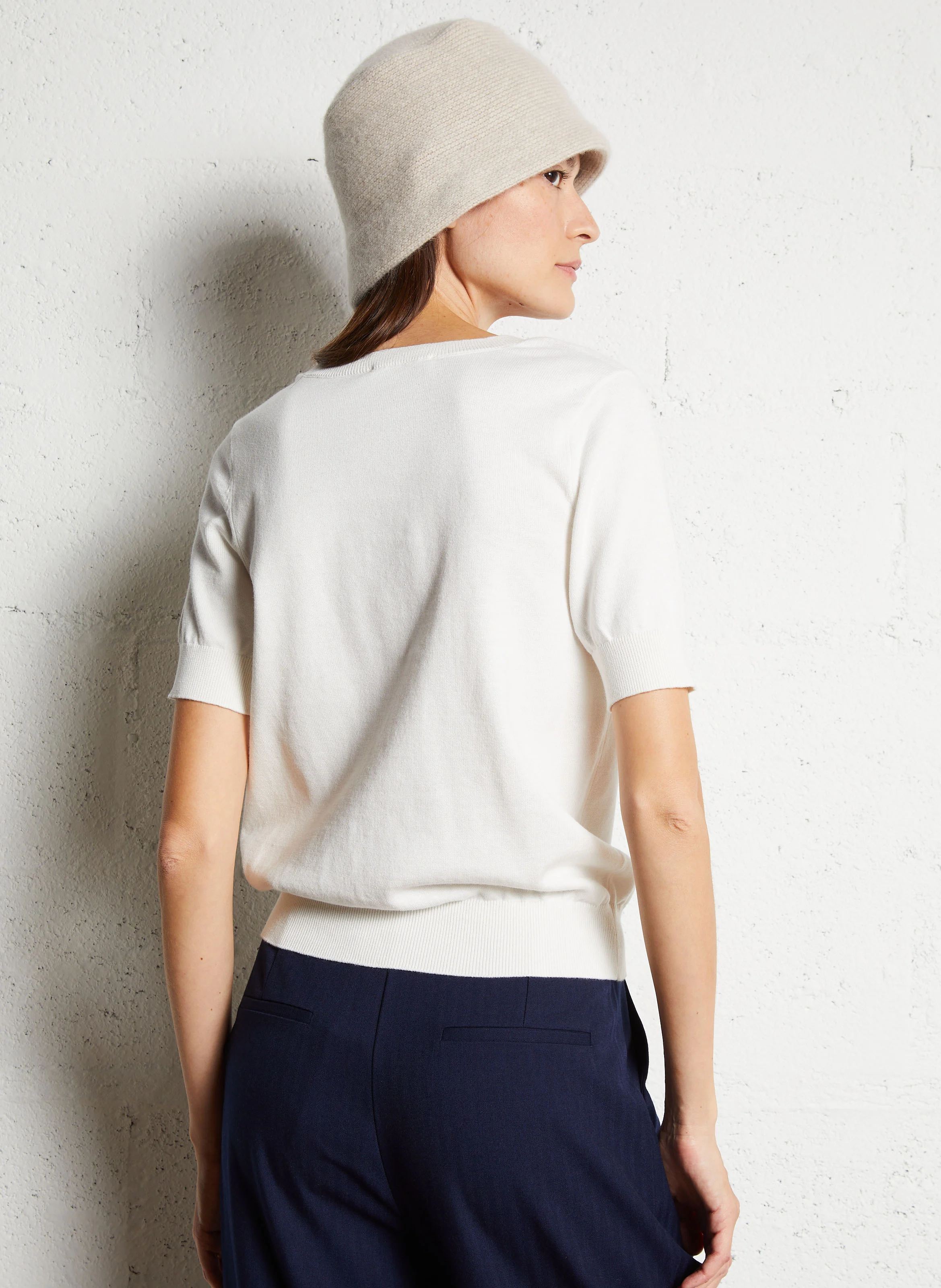 MAYA - Pull droit manches courtes en coton| Beige
