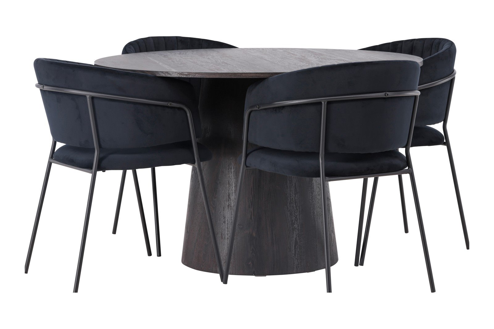 Lanzo og Selma Spisegruppe Lanzo rundt spisebord ø120cm i mocca med 4 stk. Selma med arm spisestoler i Sort fløyel og sorte ben.