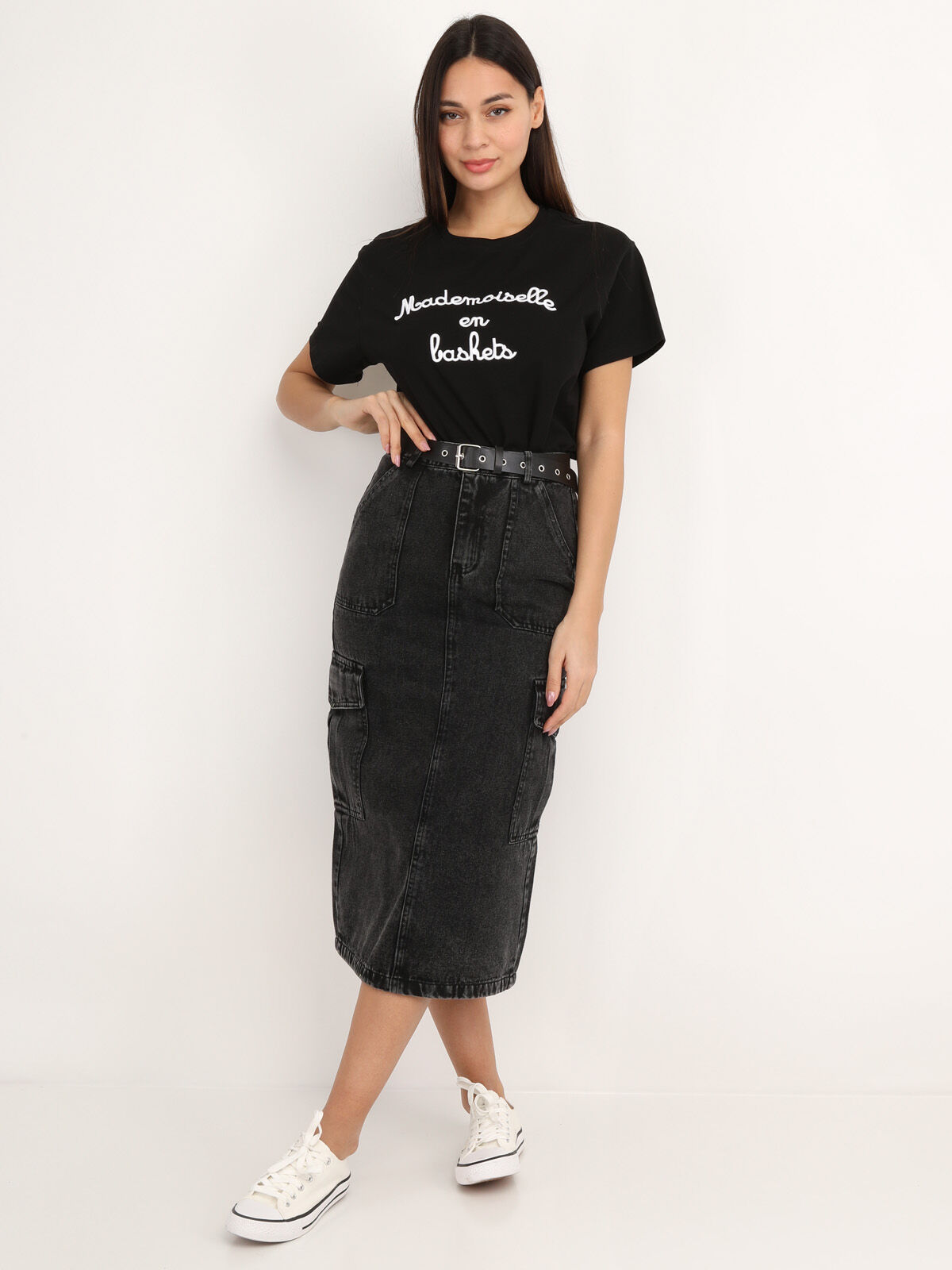 Jupe cargo en jeans avec ceinture- Gris foncé