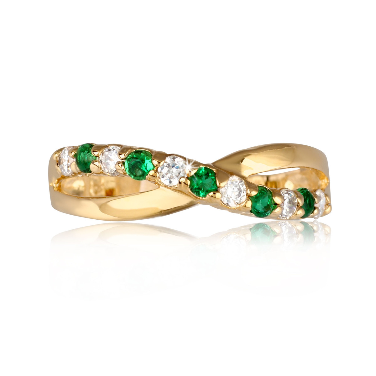 Bague plaqué or torsadée avec pierre verte synthétique et cubic zirconia