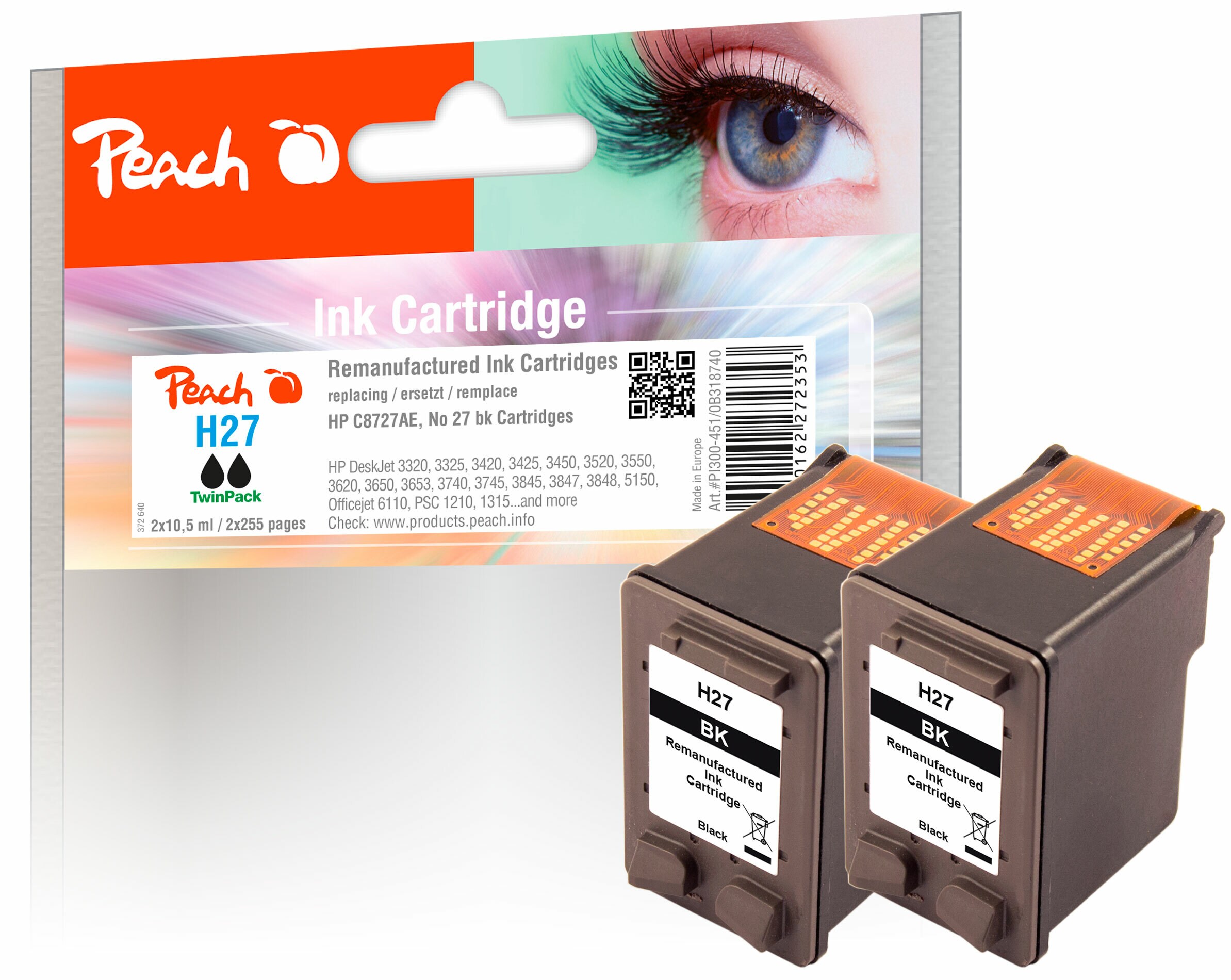 Peach HP 272 Druckköpfe 2*bk ersetzt HP No. 27*2, C8727AE*2 für z.B. HP DeskJet 5652, HP DeskJet 3300, HP DeskJet 3320, HP DeskJet 3320 V (wiederaufbereitet)