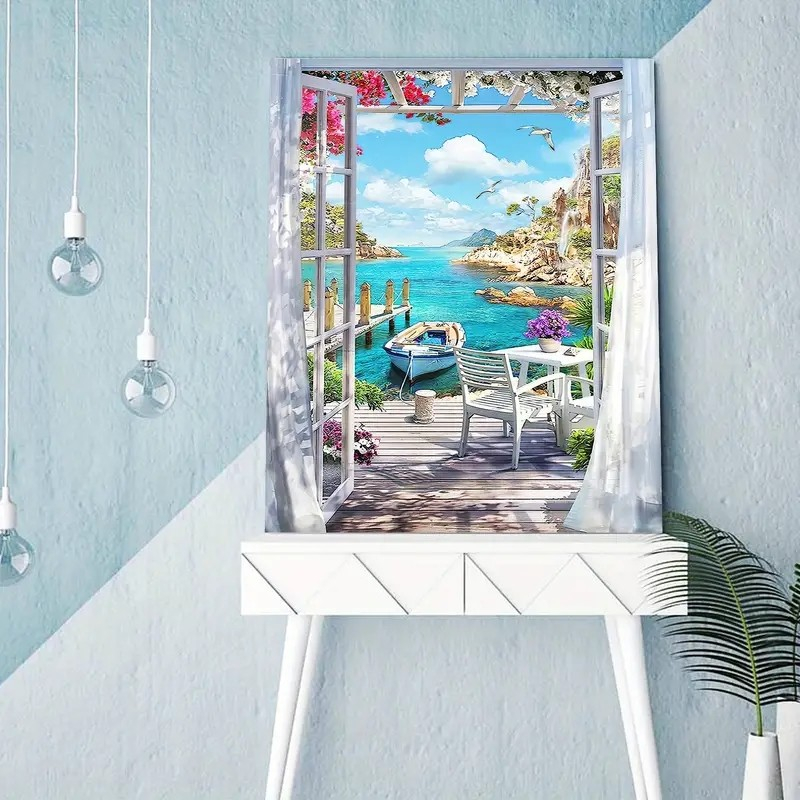 (9-tlg. Set) 40x50cm Malen Nach Zahlen DIY Leinen Tuch für Erwachsene und Kinder inkl. Bildaufhänger - Meerblick